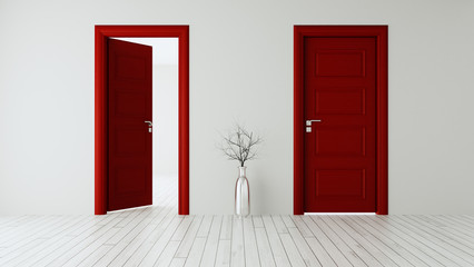 white wall with red opened door and closed door realistic 3D rendering