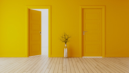 yellow wall with yellow opened door and closed door realistic 3D rendering