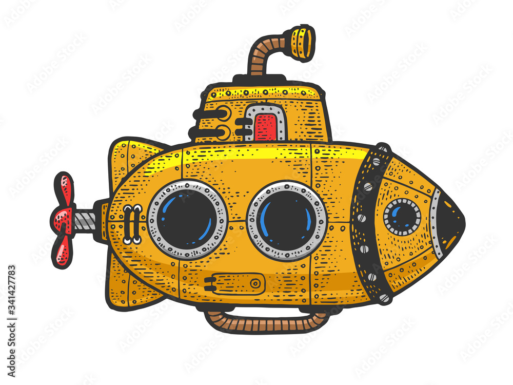 Wall mural Cartoon steampunk yellow Submarine color sketch engraving vector illustration. T-shirt apparel print design. Scratch board imitation. Black and white hand drawn image.