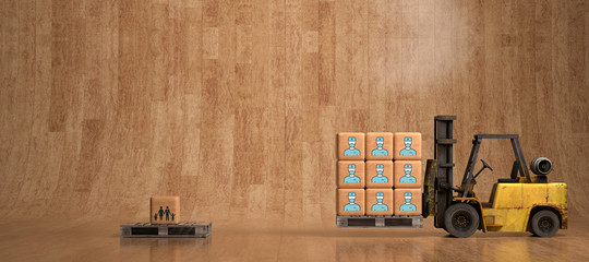 forklift moving wooden boxes with doctor symbols in front of wooden background