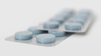 Pills in blister packs. Coronavirus tablets. Covid-19. 3D rendering.