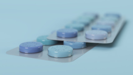 Pills in blister packs. Coronavirus tablets. Covid-19. 3D rendering.