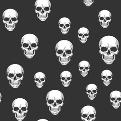 Human skull seamless pattern background sketch engraving vector illustration. T-shirt apparel print design. Scratch board imitation. Black and white hand drawn image.