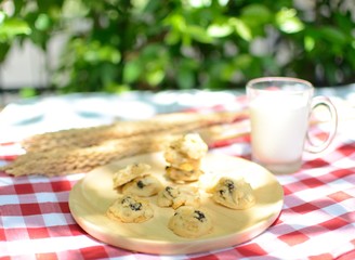 Butter cookies with milk and tasty and delicious beverages are placed on wooden trays to serve consumers at leisure and in need of desserts, in order to relax while eating.
