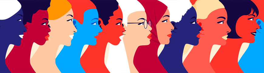 Women community and feminism movement. Young multi ethnic women in profile. Concept for social campaign. Fashion and beauty. Bright vector illustration in flat style. Cultural and religion equality.