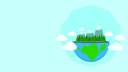 This is a vector illustration planet and trees, mountains. Could be used for earth day, Mother Earth day, save the forest. For postcards, banners background, holiday decorations, etc.