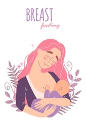 Beautiful young mother breastfeeds her baby. A woman hugs a baby and feeds it with breast milk.