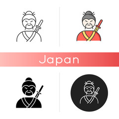 Samurai icon. Asian martial arts fighter. Old man with moustache and katana. Chinese medieval soldier. Japanese swordsman. Linear black and RGB color styles. Isolated vector illustrations