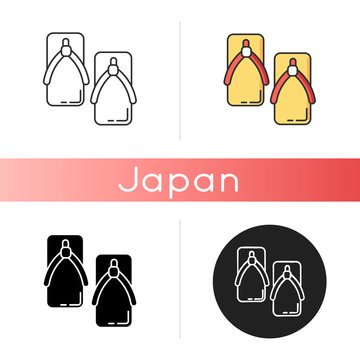 Yukata shoes icon. Japanese geta slippers to wear with kimono. Oriental wooden sandals. Traditional asian footwear. Linear black and RGB color styles. Isolated vector illustrations