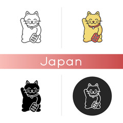 Maneki neko icon. Traditional japanese mascot to bring fortune. Oriental souvenir from Japan. Kitty talisman for luck. Linear black and RGB color styles. Isolated vector illustrations