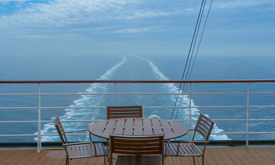 View from the stern of a moving cruise ship