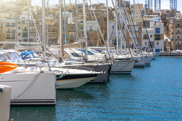 Many yachts parked in the bay of the Mediterranean.