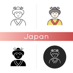 Geisha icon. Japanese woman in asian attire. Geiko in costume with traditional hairstyle. Maiko in costume. Ethnic performer. Linear black and RGB color styles. Isolated vector illustrations