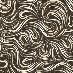Seamless vector pattern of smooth beige flowing lines with gradients cut in the middle on a brown background. Texture of wood fibers or waves. Decoration for paper fabrics or website background. Textu