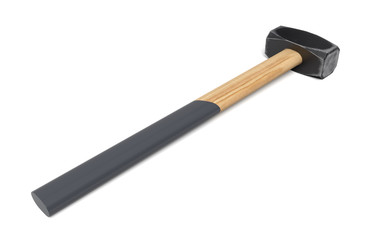 3d close-up rendering of hammer with wooden handle half-painted black lying on white background.