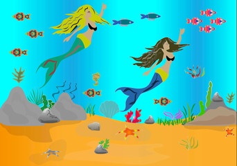 Fototapeta na wymiar mermaids swimming underwater