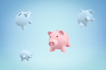 3d rendering of one pink piggy bank floating in air and three light blue piggy banks floating behind on light blue background.