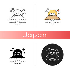 Fuji mount icon. Tokyo mountain with sunrise. Japanese volcano with sea and sunset. Fujiyama peak with sky and lake. Linear black and RGB color styles. Isolated vector illustrations