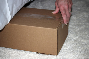 cardboard box in the hand of a woman