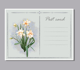 Post card with painted bouquet of daffodils on a blue background and an empty place for your text