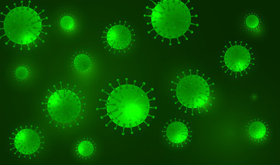 Coronavirus outbreak and 2019-nCoV on a green background. Coronavirus bacteria 2019-nCoV. Pandemic medical concept.