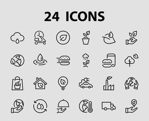 The set of ECOLOGY icons, vector lines, contains such icons as an electric car, global warming, forest, eco, watering plants, a plant and much more. Editable stroke, white background