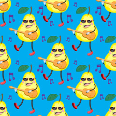 seamless cartoon pattern of a yellow pear playing guitar on a blue background. Vector image