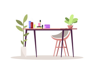 Table with cosmetic products semi flat RGB color vector illustration