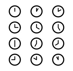 Set of 12 clock icons showing all the hours on the dials. Black and white color.