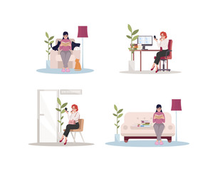 Female caucasian at home and work semi flat RGB color vector illustration set