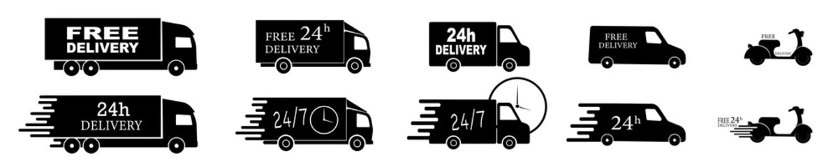 Fast delivery truck icon. Free delivery, 24 hours. Set of delivery icons. Vector illustration