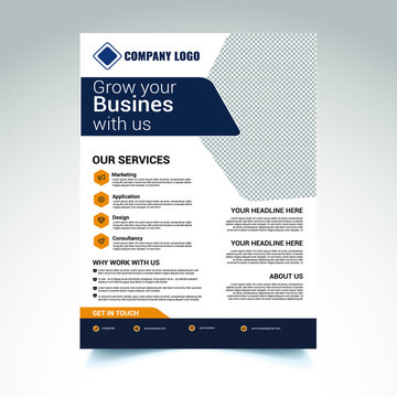 Modern corporate flyer design. Navy blue and yellow color. 