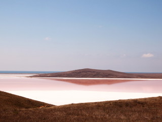 Koyashsky pink lake on a background of mountains in summer