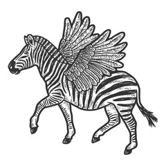 Cute zebra with wings. Isolated animal. Sketch scratch board imitation.