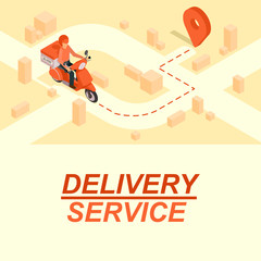 A man riding a motorcycle carrying a storage box is traveling to his destination in the city.Fast delivery service by motorcycle concept.Vector illustrator isometric for banner, poster and background.