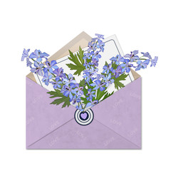 Delphinium flower bouquet and postcard in a purple postal envelope.