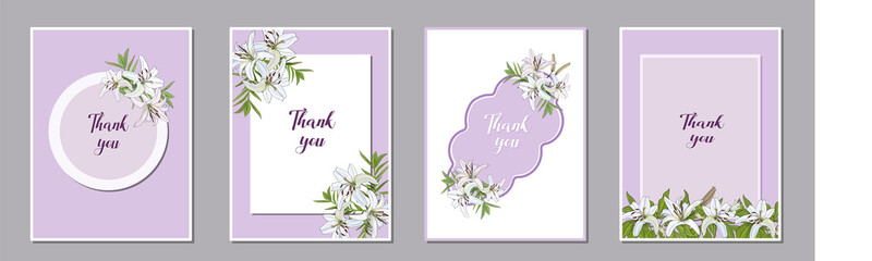 Set of greeting cards with white lilies on a lilac background.