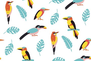 Fototapeta premium Pattern of tropical birds. Bright exotic tropical birds. Macaw, Cockatoo, flamingo, toucan. Vector.