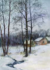 Winter landscape with trees at the stream in the foreground and houses near the forest in the distance. Watercolor