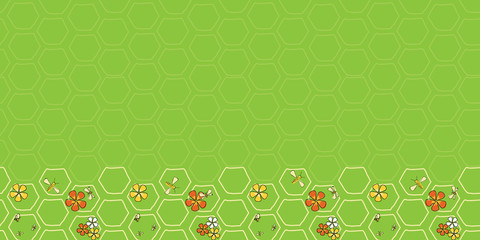 Buzz on Spring Border seamless vector repeat bees and flowers on honeycomb surface pattern design