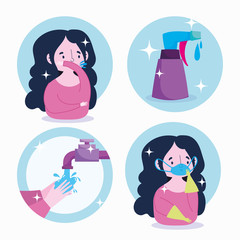 covid 19 coronavirus infographic, prevention wearing mask, gloves, hands sanitizer, liquid bottle