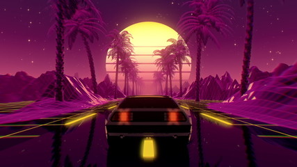 80s retro futuristic sci-fi 3D illustration with vintage car. Riding in retrowave VJ videogame landscape, neon lights and low poly grid. Stylized cyberpunk vaporwave background. 4K - obrazy, fototapety, plakaty
