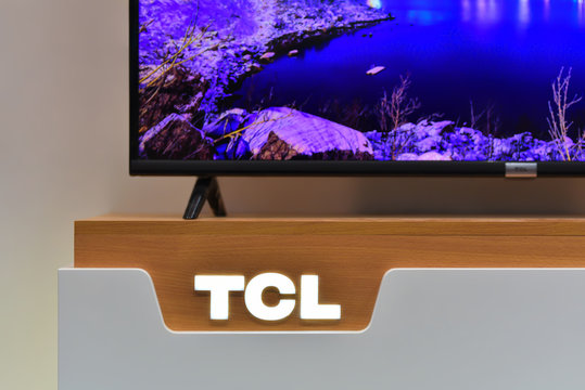 Kiev / Ukraine - 04.07.19: The tv of TCL is stand on brand table for presentation