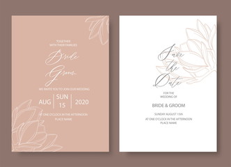 Elegant wedding invitation card with magnolia flowers.