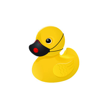 Toy duckling in a medical mask. Hygiene concept and protection of the child from the virus, disease, air pollution