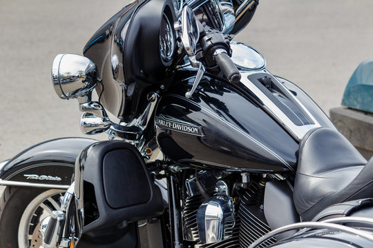 Moscow, Russia - May 04, 2019: Front part of parked Harley Davidson motorcycles closeup