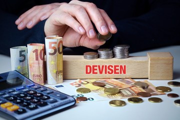 Devisen. Mann stapelt Geld (Euro). Begriff Devisen auf Baustein. Münzen, Scheine & Taschenrechner....