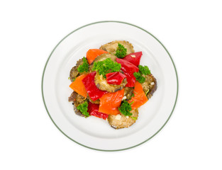 Plate with eggplant, paprika and parsley, isolated on white background