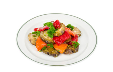 Plate with eggplant, paprika and parsley, isolated on white background