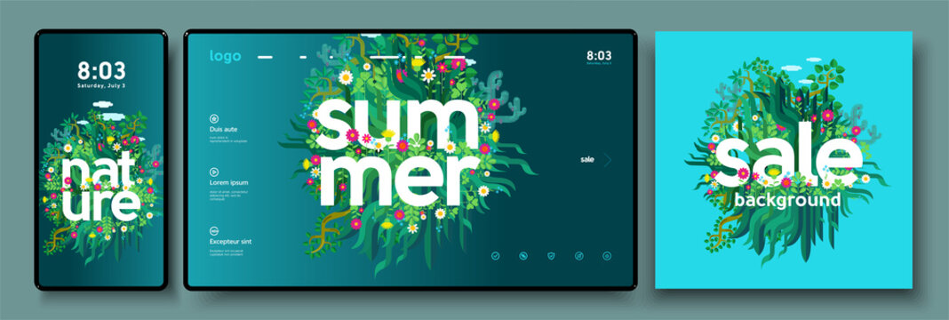 Vector illustration. Summer, nature, leaves, trees. A set of backgrounds for mobile phone, desktop, and cover art.